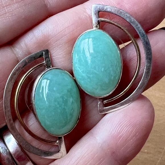 DESIGNER YUMI UENO APPLE GREEN JADE EARRINGS STERLING SILVER & 14K GOLD SIGNED